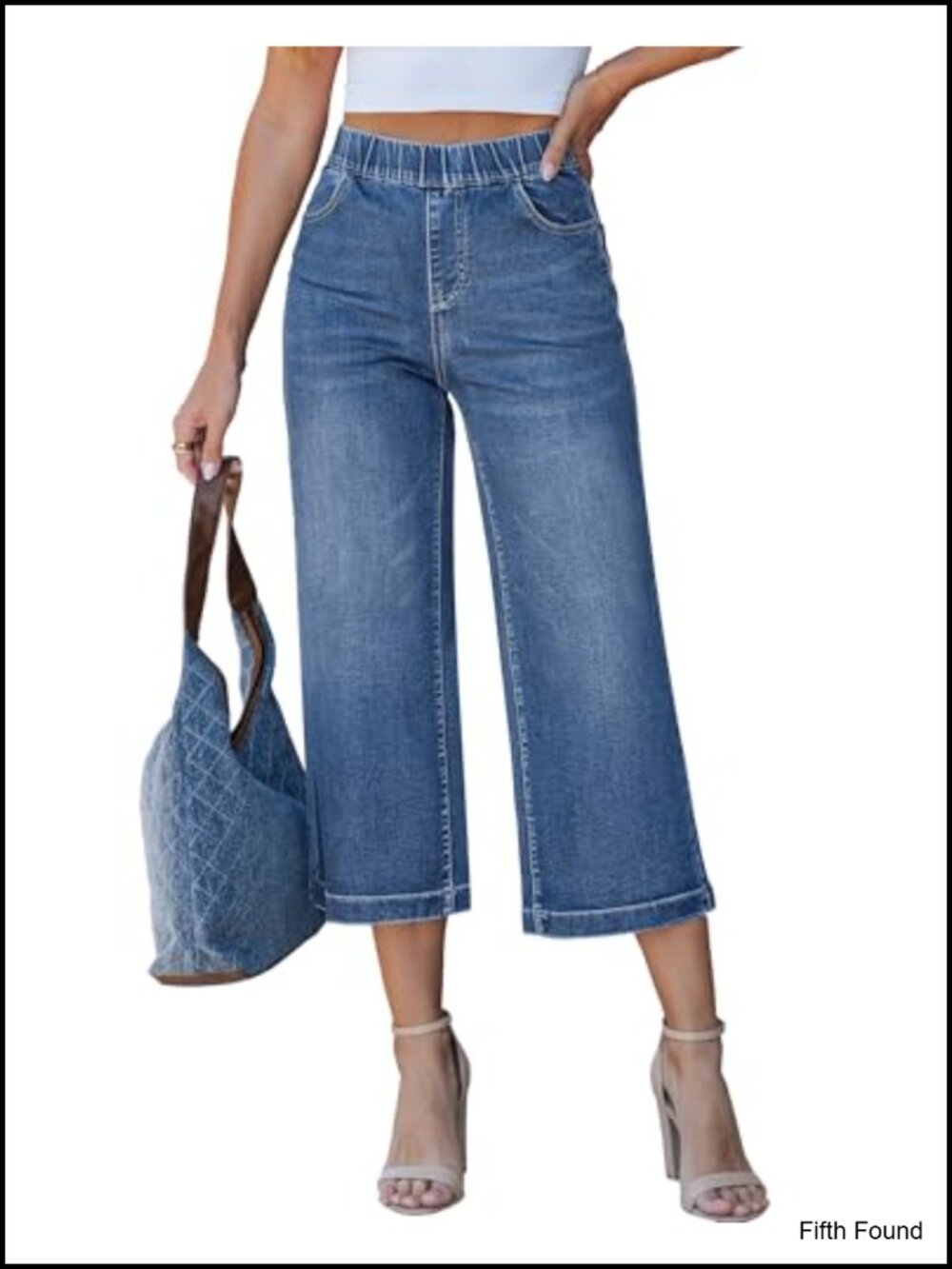 Wide Leg High Waisted Pull On Elastic Waist Capri Jeans Stretch Denim Capris